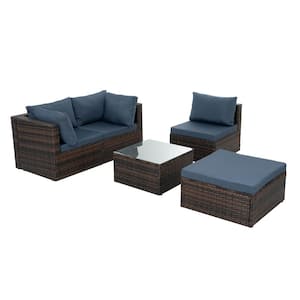 Brown 5-Piece Wicker Outdoor Sectional, Rattan Sofas with Coffee Table and Navy Blue Cushions for Patio, Yard and Pool