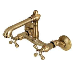 English Country 2-Handle Wall-Mount Standard Kitchen Faucet in Antique Brass