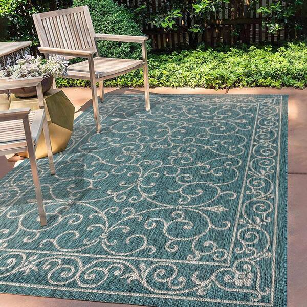 Jonathan Y Charleston Vintage Filigree Textured Weave Indoor/Outdoor Teal/Gray 3 ft. x 5 ft. Area Rug