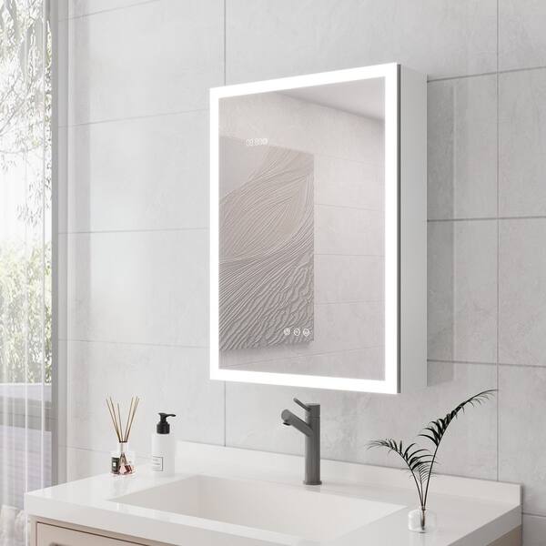 20 in. W x 28 in. H Rectangular Surface Mount LED Medicine Cabinet with Mirror, Defogger, Digital Clock and Temp Display