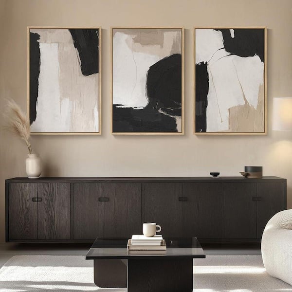 3 Piece Large Framed Black and White Neutral Abstract Wall Ar