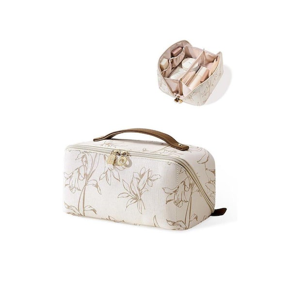 Beige Travel Makeup Bag, Large Capacity Cosmetic Organizer with Inner Pockets, Waterproof PU Leather Toiletry Pouch
