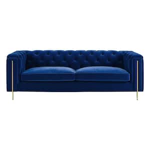 Charlene 84 in. W Rolled Arm Straight Sofa in Blue Velvet with Button Tufted