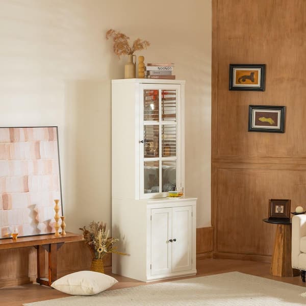 White 75.25 in. Accent Cabinet, Pantry Cabinet with Glass Door & Lattice Window, Double-Action LH&RH Door
