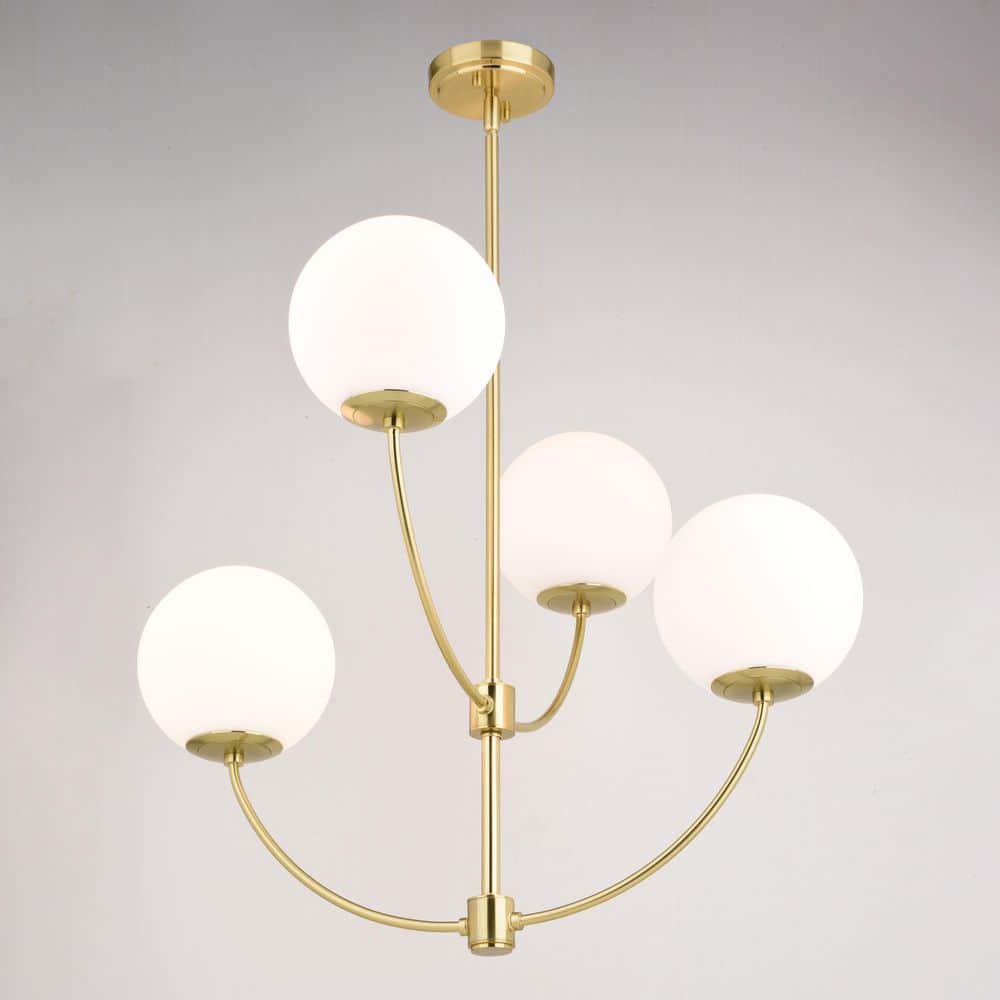 Avers 26" Gold Brass Mid-Century Modern Chandelier with White Globe Glass