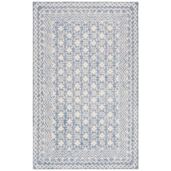 Blossom Blue/Ivory 5 ft. x 8 ft. Border Geometric Area Rug