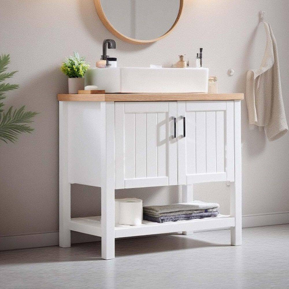 32 in. Freestanding Single Sink White Bath Vanity with Natural Solid Wood Top and Ceramic Sink (Requires Assembly) price history on PriceWatchPro