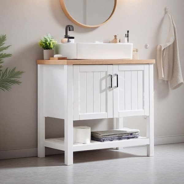 32 in. Freestanding Single Sink White Bath Vanity with Solid Wood Natural Top Requires Assembly