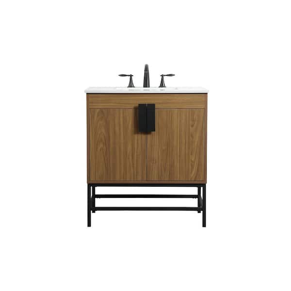 Unbranded Simply Living 30 in. W x 19 in. D x 33.5 in. H Bath Vanity in Walnut Brown with Ivory White Engineered Marble Top