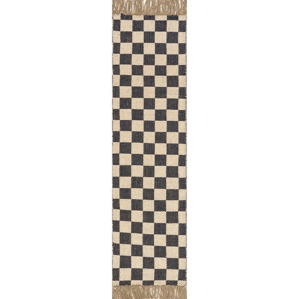 nuLOOM Connie Checkered Wool/Jute Tasseled Gray 2 ft. x 8 ft. Runner Rug