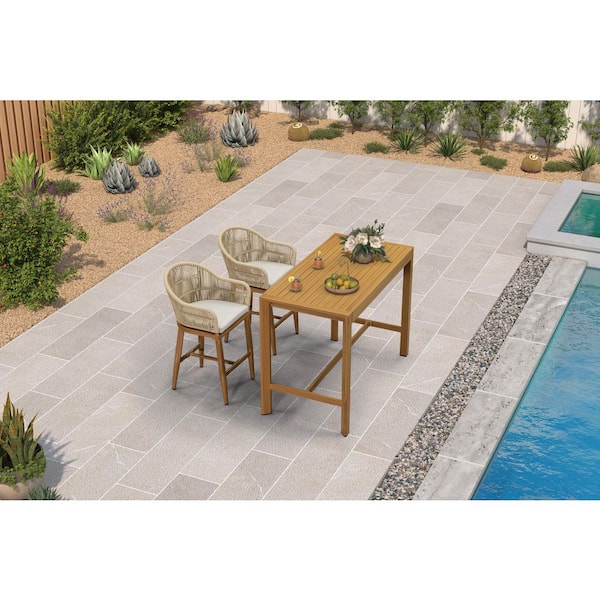 PURPLE LEAF Modern Aluminum Counter Height Top Table and Rattan Outdoor Bar Stool Set with Beige Cushion (3-Pack)