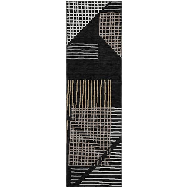 Mayfield Premium Machine Washable Abstract AMF2270 Black 2 ft. x 7 ft. Runner Rug