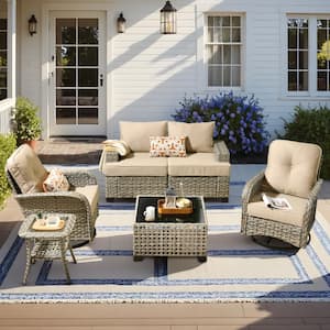 Aimee 6-Piece Wicker Patio Conversation Seating Sofa Set with Beige Cushions and Swivel Rocking Chairs