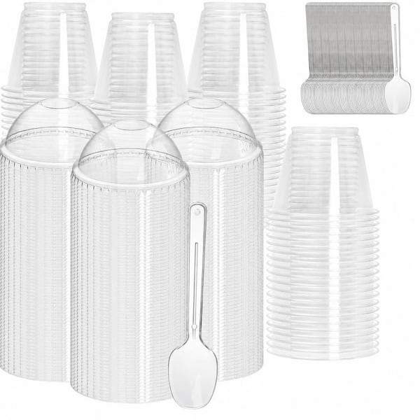 100 Pack Clear Plastic Dessert Cups with Dome Lids and Spoons, 9 oz Crystal Parfait Cups for Cold Drinks