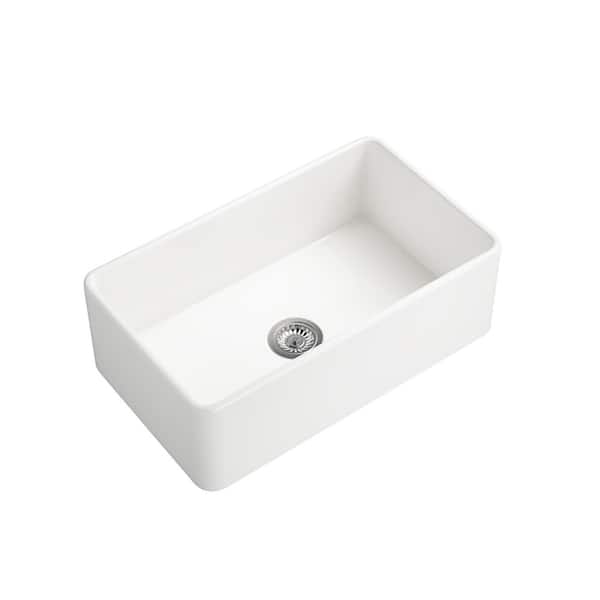 30 in. Drop-In Single Bowl No Gauge Applicable White Ceramic Kitchen Sink and Drain