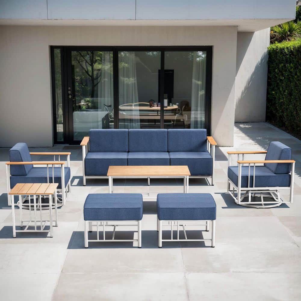Puffin 7-Piece White Metal Patio Conversation Set with Sofa, Gliders, and 10 in. Thick Navy Blue Olefin Cushions price history on PriceWatchPro