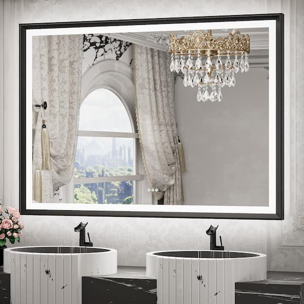 48 in. W x 36 in. H Rectangular Framed LED Lighted Bathroom Vanity Mirror with Light in Black with Backlit and Anti-Fog