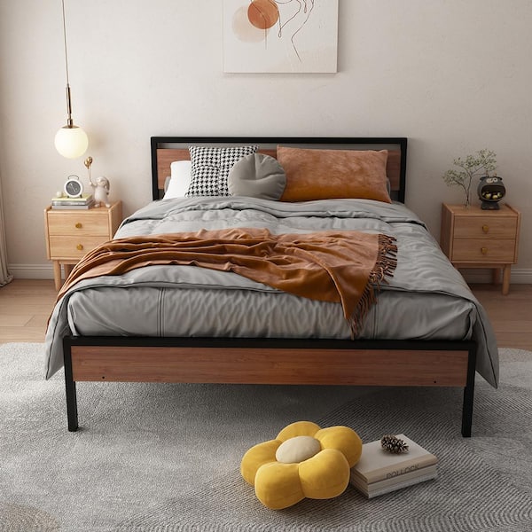 Black Metal Frame Queen Platform Bed with Headboard, Bedroom Vintage Kids Adult Metal Bed Frame
