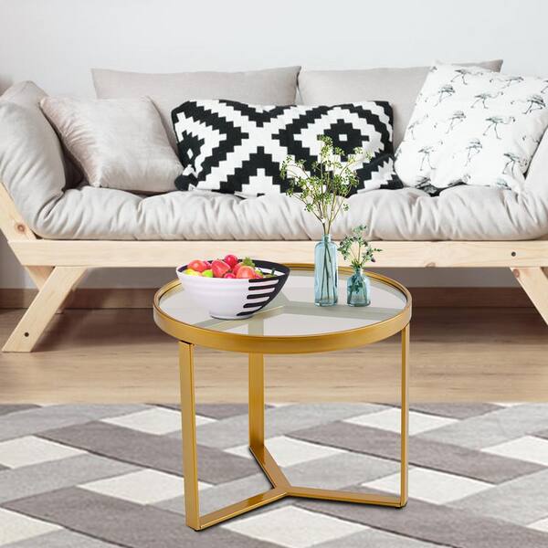 Seafuloy 19.68 in. Gold Round Metal Frame Tempered Glass Table Coffee Table