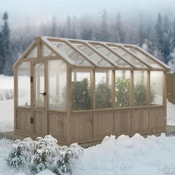 6 ft. x 10 ft. Wooden Outdoor Garden Plant Greenhouse with Multi-Layer Polycarbonate Panels and Adjustable Roof Vent