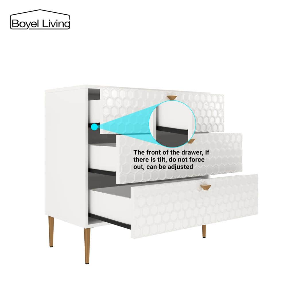 White Honeycomb Pattern 3-Drawer Mid-Century Modern Accent Cabinet