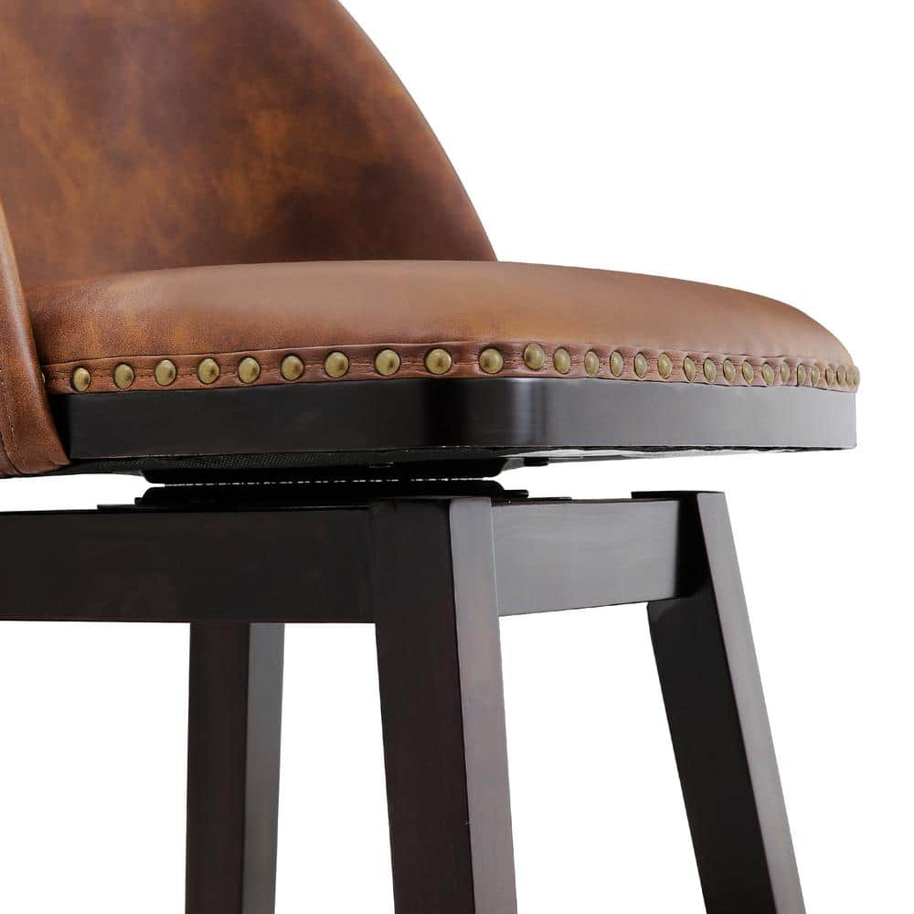 Whiskey Brown Faux Leather Swivel Counter Stools with Wood Legs, Set of 4