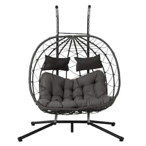 2 Persons Black Metal Outdoor Chaise Lounge, Egg Chair with Dark Gray Cushions and Stand