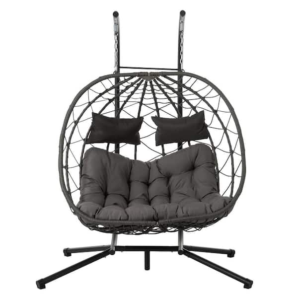 Sudzendf 2 Persons Black Metal Outdoor Chaise Lounge, Egg Chair with Dark Gray Cushions and Stand