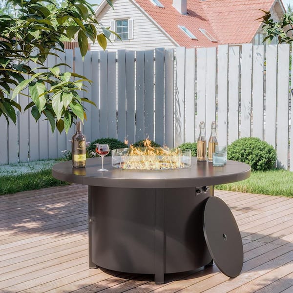 Metal Outdoor 48" Round Propane Fire Pit Table with 40,000 BTU Auto-Ignitiongas, Lid, Blue Glass Stone, Glass Wind Guard