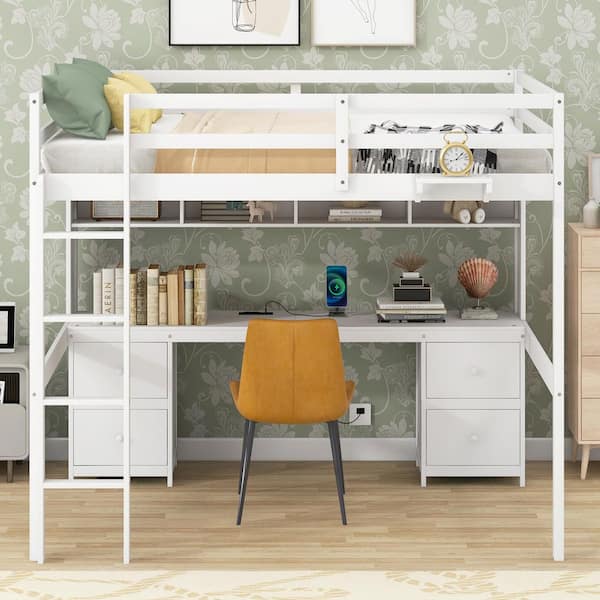 Harper & Bright Designs White Full Size Multifunctional Wood Loft Bed with Bedside Tray, 4-Cabinets, Charging Station, Desk and 4-Drawers