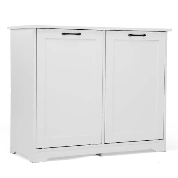 White Particle Board 37 in. Sideboard 13 Gallon Kitchen Trash Can with Handles and Deodorizer Device