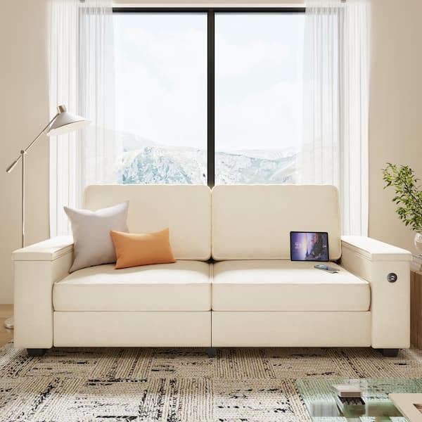 JASIWAY 89 in. Square Arm Chenille Rectangle Modern Living Room Sofa in. Off-White