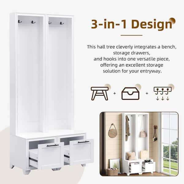 Freestanding 3-in-1 White Hall Tree Set of 2 with Coat Hooks, Storage Drawers, and Bench for Entryway or Living Room