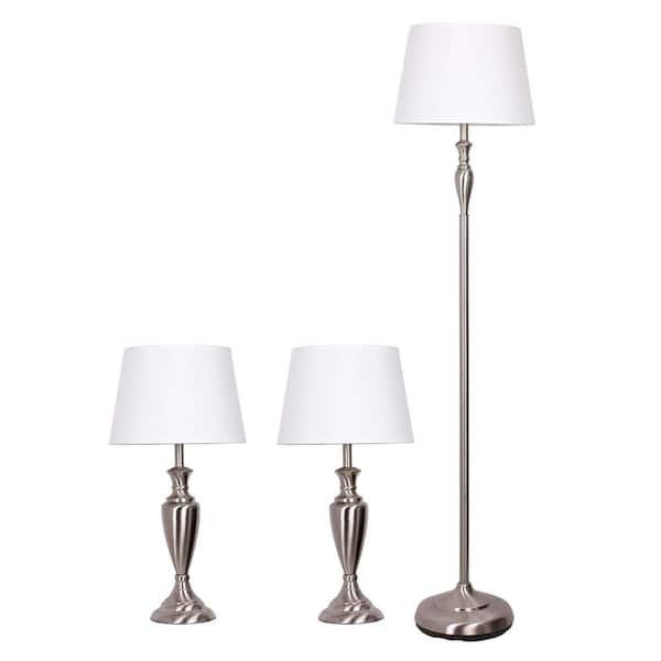 Unbranded 59.25 in. Polished Nickel Floor Lamp and Two 24 in. Table Lamps Set with White Fabric Shades