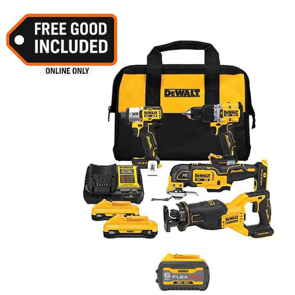 20V MAX Lithium-Ion Cordless 4-Tool Combo Kit with FLEXVOLT 6. 0Ah Battery Pack, (2) 4 Ah Batteries and Charger