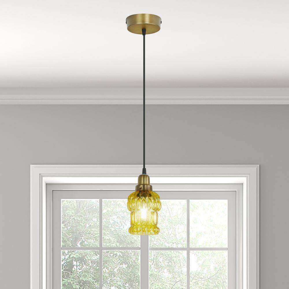 Yellow Textured Glass and Gold Metal Pendant Light, Adjustable Height