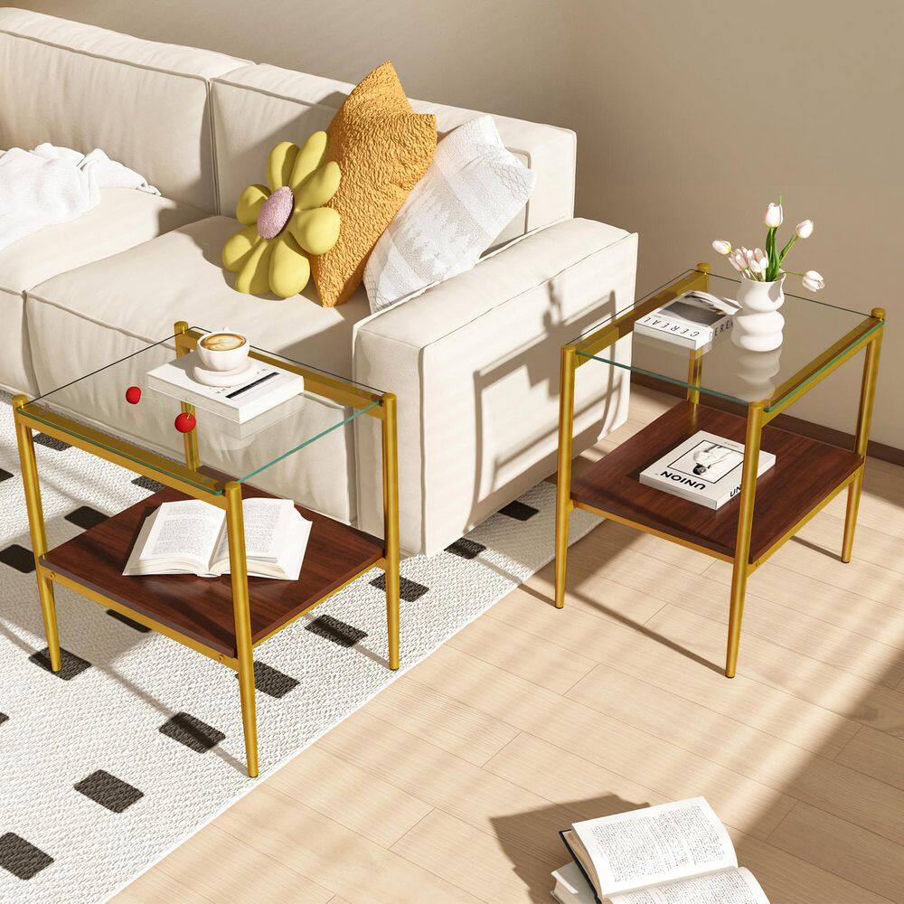 Set of 2 19.1 in. Rectangle End Tables Clear Tempered Glass Top, MDF Shelf and Glod Metal Legs for Living Room price history on PriceWatchPro
