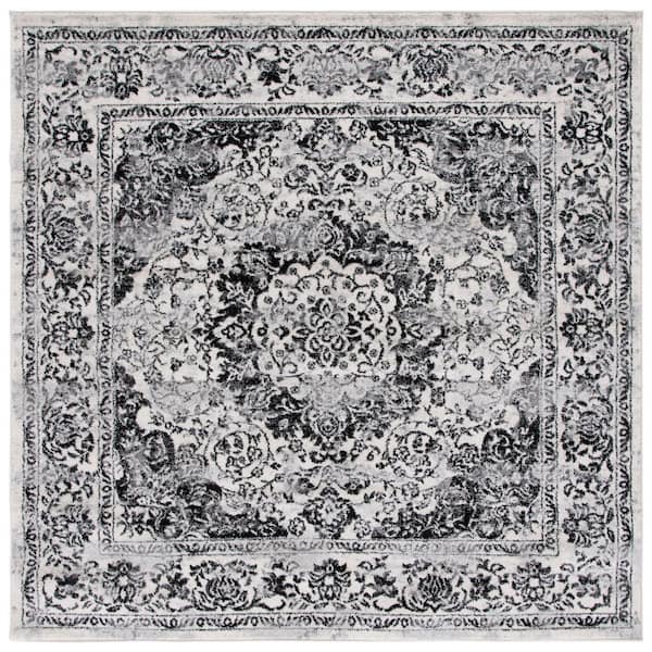 Tulum 7 ft. x 7 ft. Ivory/Black Distressed Abstract Floral Square Area Rug