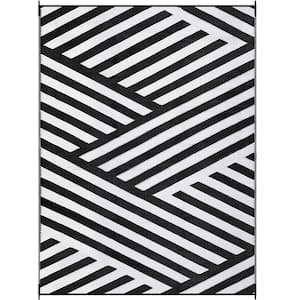 4 ft. x 6 ft. Outdoor Waterproof Reversible Plastic Straw Rug for Camping Patio Porch, Black and White Diagonal Stripes