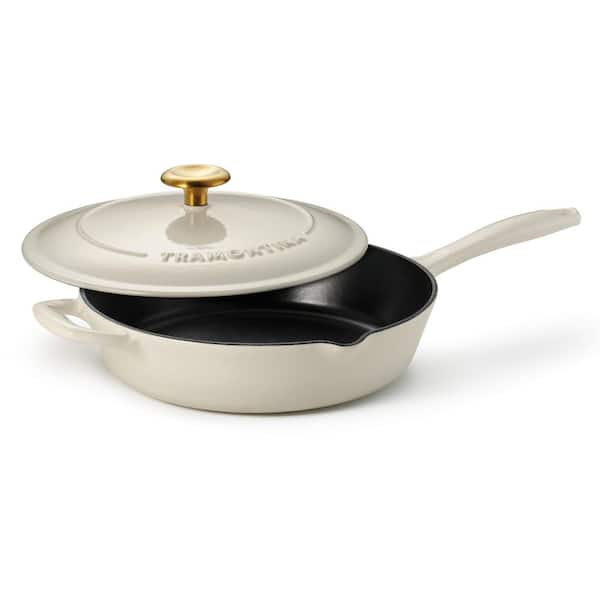 Bestow 10 in. Enameled Covered Cast Iron Skillet With Lid-Latte with Gold Knob