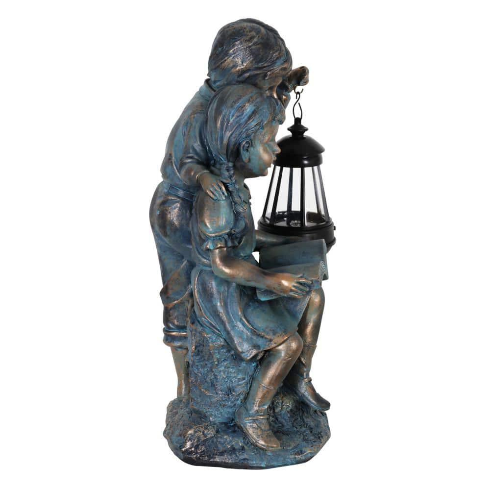 Solar Faux Bronze Girl and Boy Garden Statue with LED Lantern