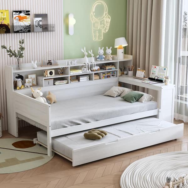 Ruler Antique White Twin Size Multi-functional Daybed with Storage Shelves, Pull-Out Twin Size Trundle, Study Desk