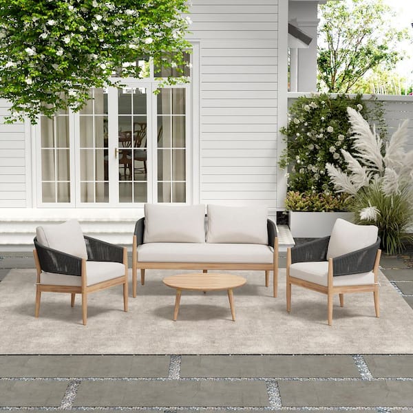 Tina Outdoor 4-Piece Solid Wood and Rope Weave Patio Conversation Set with Beige Cushions, Natural+Black