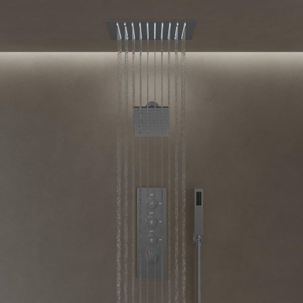 12 in. Mood Light Quadruple Handles 3-Spray Shower Faucet 2.5 GPM with LED, Anti Scald in. Brushed Nickel