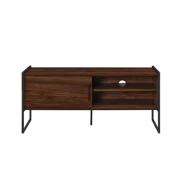 Walker Edison Furniture Company 48 in. Dark Walnut Wood and Metal Modern Box-Leg TV Stand with Sliding Door for TVs Up to 50 in.