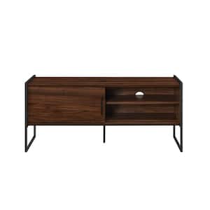 48 in. Dark Walnut Wood and Metal Modern Box-Leg TV Stand with Sliding Door for TVs Up to 50 in.