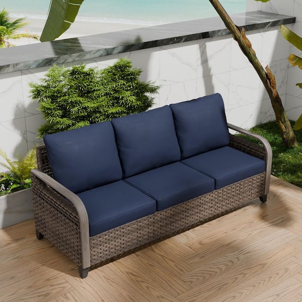 Brown 1-Piece Wicker Rattan Outdoor Patio Sectional Set 3-Seat Sofa with Blue Cushions