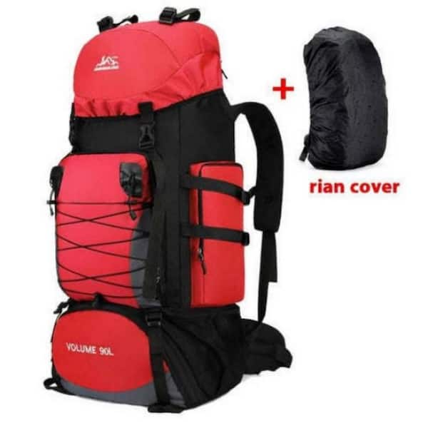Afoxsos 90L Rose Red Nylon Camping Backpack Waterproof Travel Bag Hiking Army Climbing Bags with Rain Cover