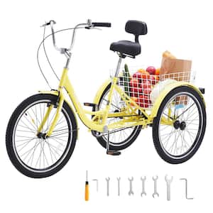 Adult Tricycles Bike 24 in. 3-Wheeled Bicycles 3 Wheel Bikes Trikes Carbon Steel Cruiser Bike, Yellow