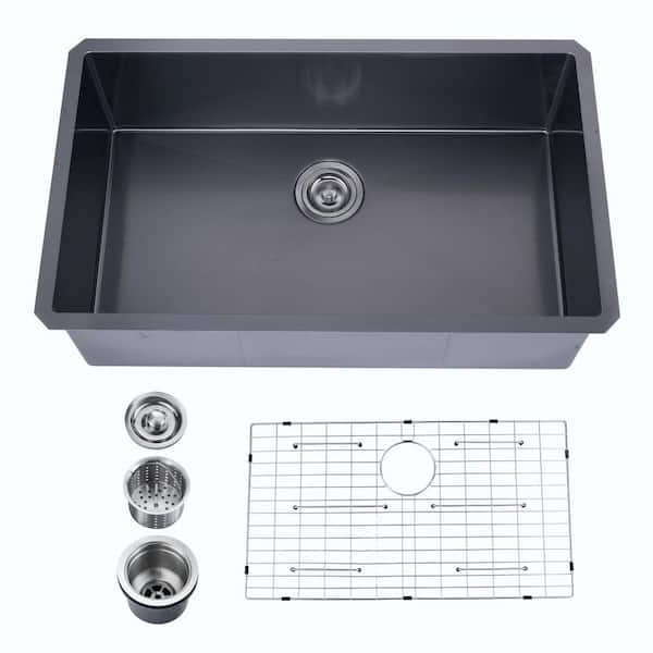 32 in. Undermount Single Bowl 18-Gauge Gunmetal Stainless Steel Kitchen Sink with Bottom Grids in Matte Black